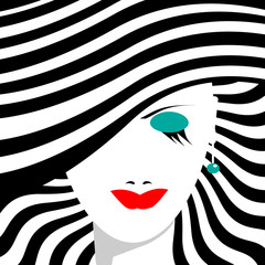 A woman in a stylish striped hat is featured in a minimalist fashion and beauty illustration.