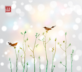Two birds and green young trees branches with fresh leaves on white glowing background. Traditional oriental ink painting sumi-e, u-sin, go-hua. Contains hieroglyph - double luck.