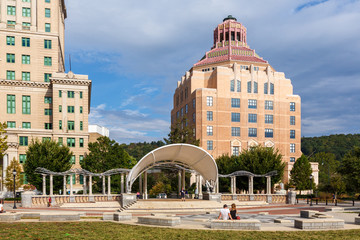City Hall stands tall above Pack Square Park in Asheville, North Carolina