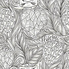 Hand drawn romantic doodle seamless pattern. Decorative hearts, leaves, branches, ribbon, banners, arrows, I love you hand lettering. Valentine's day background, vector illustration.