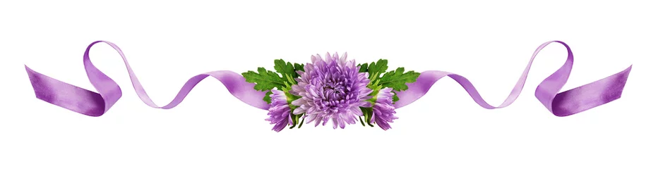 Foto op Plexiglas Bloemen Curled lilac silk ribbon and aster flowers composition