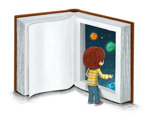 Niño con un libro, concepto de imaginacion - 179437142