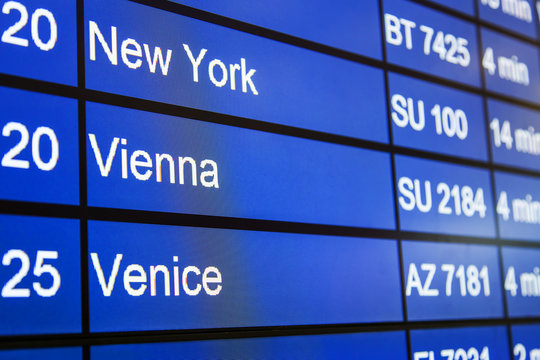 MOSCOW, RUSSIA, on October 26, 2017. The board shows the schedule of departures from the terminal E international airports Sheremetyevo