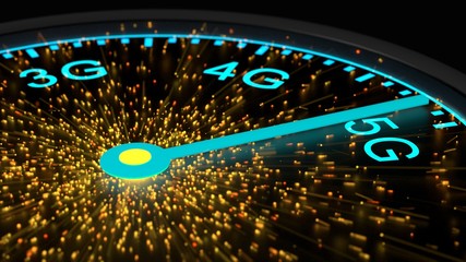 Speed instrument in blue reaching maximum 5G communication speed