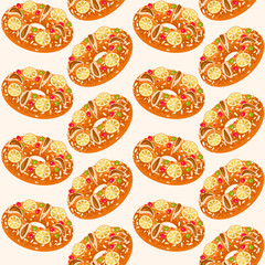 Roscon de Reyes (King’s cake). Spanish traditional Christmas pastry. Seamless background pattern.