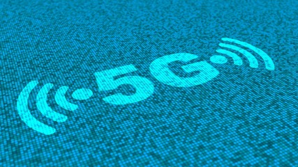 5G and wifi symbols in blue on a square matrix background