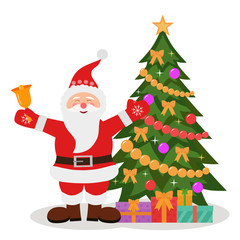Decorated christmas tree with presents and Santa Claus.  Vector illustration. Flat design