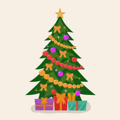 Decorated christmas tree with presents.  Vector illustration. Flat design