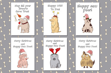 dogs in New Year's costumes. New Year symbol 2018. Greetind card with Christmas puppy on white background. Dog is Santa Claus. New Year's and Christmas. Post card.