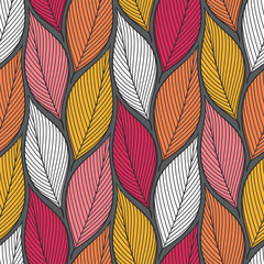 Fototapeta na wymiar Stylized colorful leaves seamless pattern. Nature universal textures. Hand drawn decorative floral ornamental background. Vector illustration