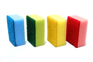 Various color of scouring pad and sponge isolated on white background with add text message. scouring pad and sponge is a cleaning tool used for scouring a surface and cleaning a dishes after cooking.