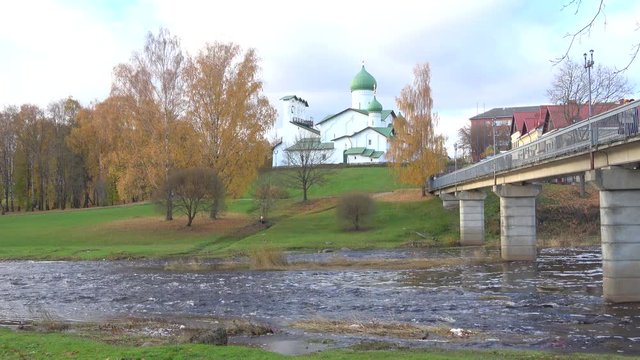 A view on the Epiphany Church in the Zapskovye, cloud october day. Pskov, Russia