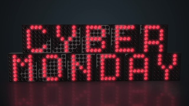 Cyber Monday red LED display glowing on dark background in 4K
