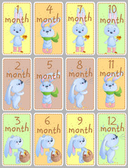 Naklejka na ściany i meble Set of month greeting labels with cute baby rabbits, baby animals, autumn theme, leafs, scarf for scrapbooking, baby clothing, stickers, games.
