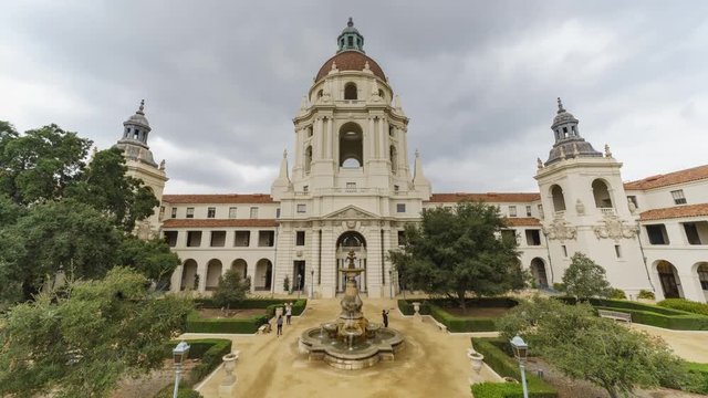 Afternoon motion timelapse cloudy view of The beautiful Pasadena City Hall at Los Angeles, California, United States
