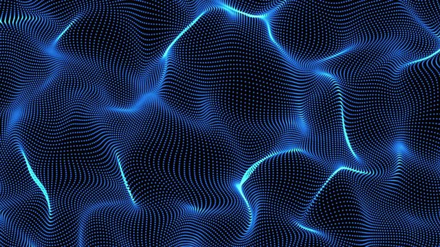 blue abstract waves on black background - surface made of dots