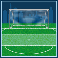 Football field . on the grass the markings and the gate stand. horizon and sky.