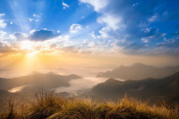 Naklejka premium Phu Chee Fah, the famous north mountain of Thailand, in morning with sunrise and mist