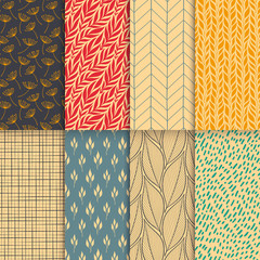 Abstract decorative doodle nature seamless patterns set. Hand drawn linear and silhouette flowers, branches, leaves textures. Simple universal background. Vintage colors. Vector illustration