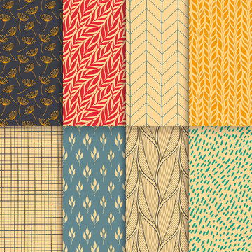 Abstract decorative doodle nature seamless patterns set. Hand drawn linear and silhouette flowers, branches, leaves textures. Simple universal background. Vintage colors. Vector illustration