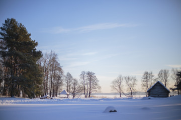 winter, snow, sun, trees, forest, cold, sunny, house, village, landscape, nature, white, road, frost, sky, season, blue, frost, wood, day