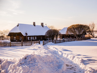 winter, snow, sun, trees, forest, cold, sunny, house, village, landscape, nature, white, road, frost, sky, season, blue, frost, wood, day