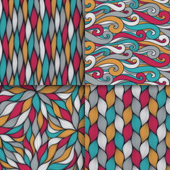 Abstract wavy lines seamless patterns set. Floral organic like vector illustration. Bright colorful seamlessly tiling background collection.