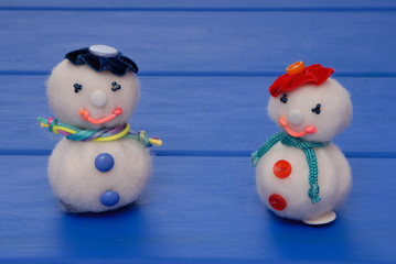 snowmans on  New Year's post card, snowmans on Christmas card, handmade snowmans,  syntepon New-Year tree decorations