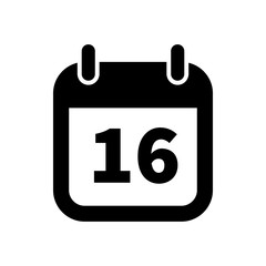 Simple black calendar icon with 16 date isolated on white