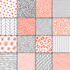 Abstract hand drawn geometric simple minimalistic seamless patterns set. Polka dot, stripes, waves, random symbols textures. Bright colorful vector illustration. Template for your design