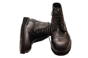 high black winter boots with lacing and lock on the thick sole, of leather and fur, comfortable and warm in the cold season