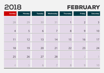 Monthly Desk Pad Calendar template, February 2018. Vector illustration
