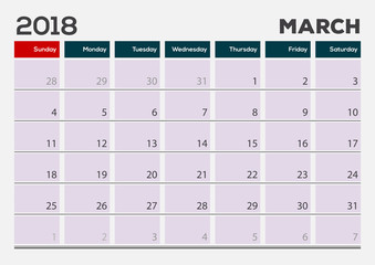 Monthly Desk Pad Calendar template, March 2018. Vector illustration