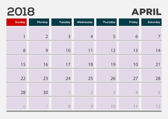 Monthly Desk Pad Calendar template, April 2018. Vector illustration