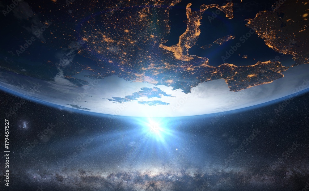 Canvas Prints sunset under planet earth in front of the milky way galaxy (stylized 3d render, elements of this ima