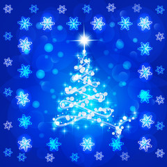 Abstract background with christmas tree and stars. Illustration in blue and white colors.