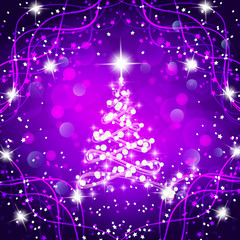 Fototapeta na wymiar Abstract background with christmas tree and stars. Illustration in lilac and white colors.