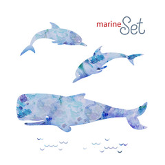 Naklejka premium decorative set of marine animals dolphins and whale