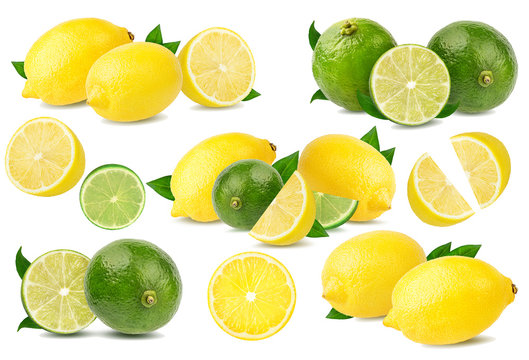 Set fresh lemon with lime isolated on white background with clipping path