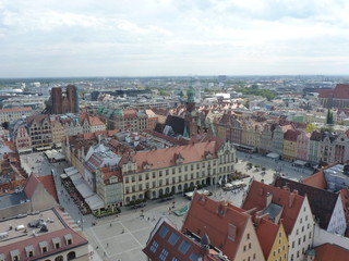 Fototapeta na wymiar Wroclaw skyline with beautiful colorful historical houses of the Old Town, aerial view from the viewing terrace of the Saint Elizabeth