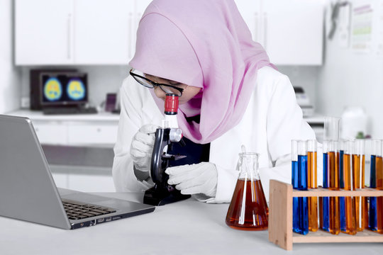 Researcher with laptop looking through microscope