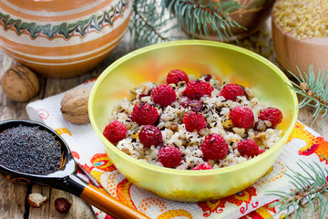 Kutya traditional christmas dish of wheat grains, poppy seeds, nuts, honey, chocolate and raspberry