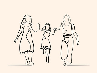 Continuous line drawing. Family with mother, grandmother and girl walking. Vector illustration