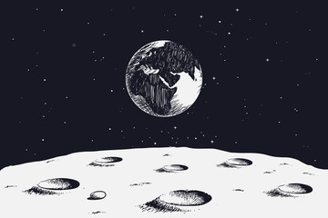 view from surface of the Moon to Earth.Hand drawn vector illustration - obrazy, fototapety, plakaty