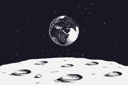 view from surface of the Moon to Earth.Hand drawn vector illustration