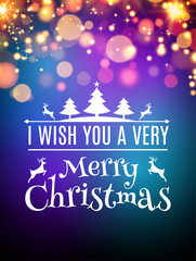 Merry Christmas greeting card. Beautiful bokeh festive calligraphy typography illustration xmas