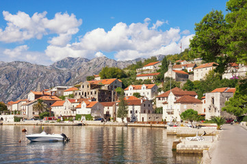 Fototapeta na wymiar View of old town of Perast on a sunny autumn day. Bay of Kotor, Montenegro