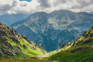 Fototapeta premium Aerial view of Five lakes valley in High Tatra Mountains, Poland
