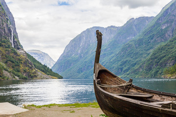 Beautifull view of Viking drakkar at the end of the Sognefjord between Flam and Gudvangen in Norway.
