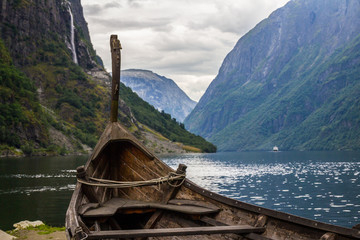 Beautifull view of Viking drakkar at the end of the Sognefjord between Flam and Gudvangen in Norway. © Alex Shirmanov